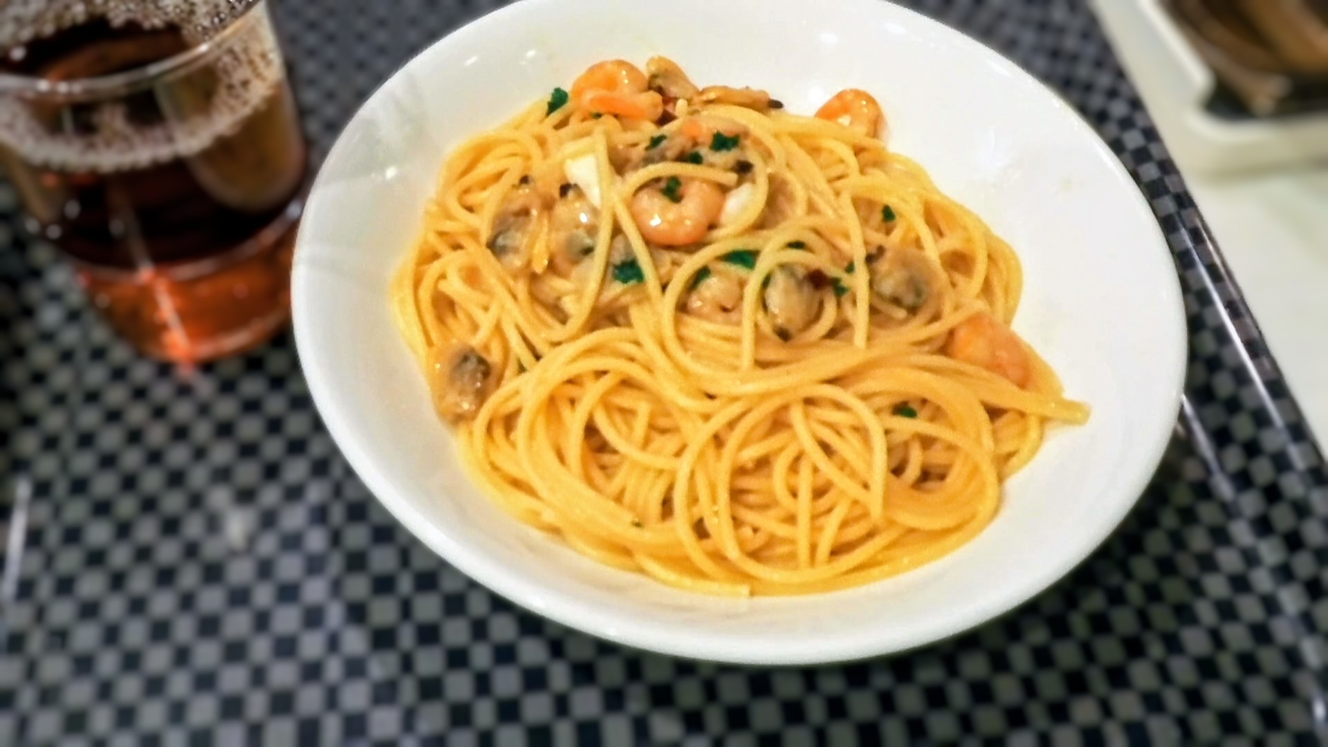 Spaghetti with squid, shrimp and clams